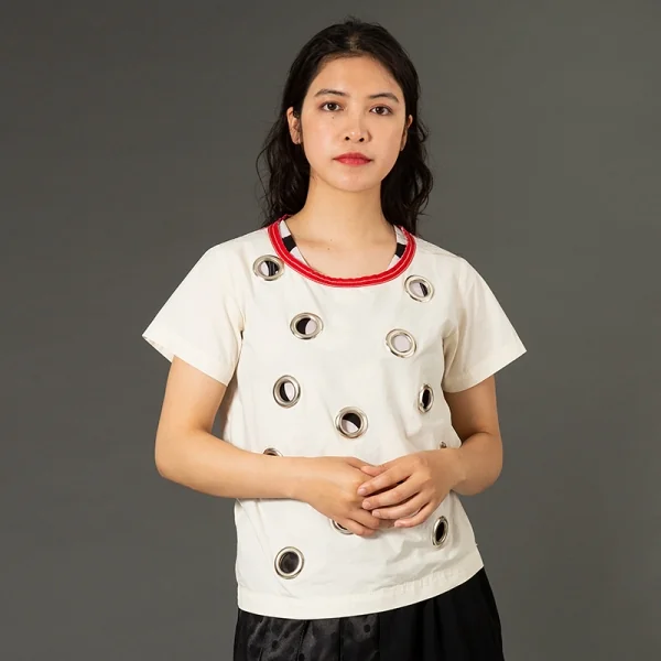 ジュンヤワタナベマンピンク コムデギャルソンJUNYA WATANABE MAN PINK COMME des GARCONS フロントビッグアイレット切替布帛Tシャツ オフS K-88267_016