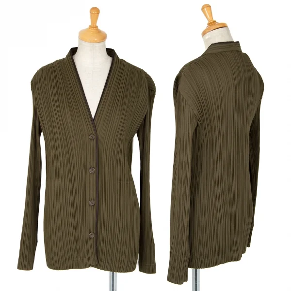 イッセイミヤケ ホワイトレーベルISSEY MIYAKE WHITE LABEL パイピングプリーツノーカラージャケット カーキ2 K-88545_001
