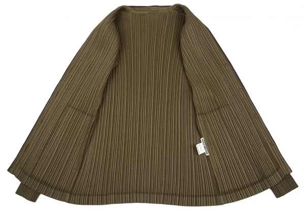 イッセイミヤケ ホワイトレーベルISSEY MIYAKE WHITE LABEL パイピングプリーツノーカラージャケット カーキ2 K-88545_011
