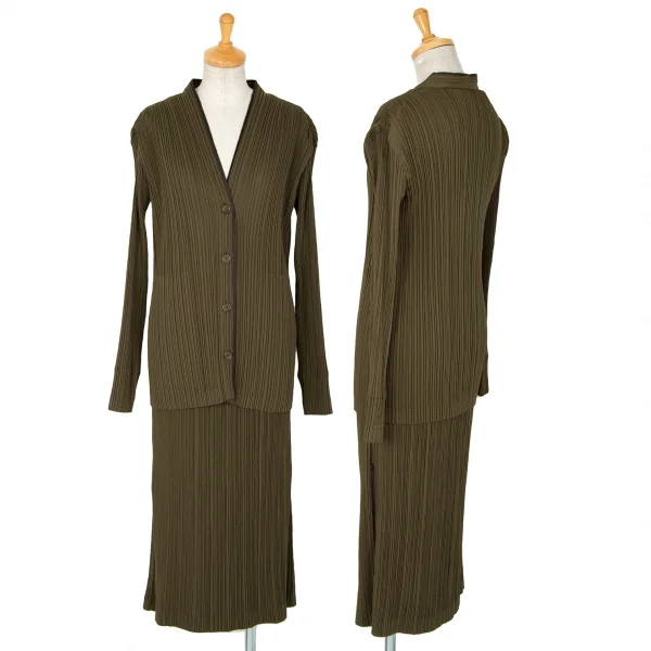 イッセイミヤケ ホワイトレーベルISSEY MIYAKE WHITE LABEL パイピングプリーツノーカラージャケット カーキ2 K-88545_015