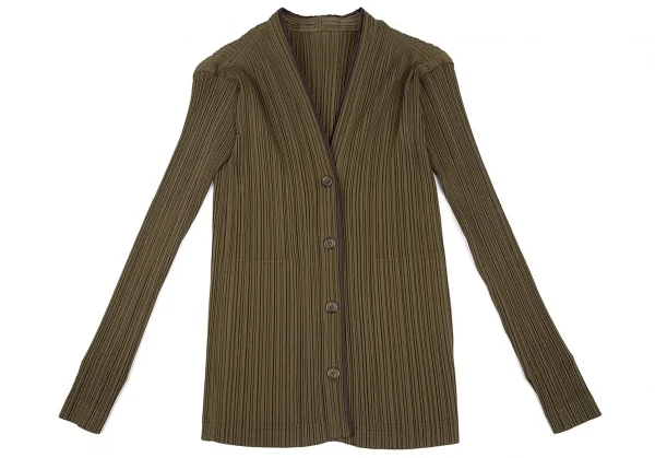 イッセイミヤケ ホワイトレーベルISSEY MIYAKE WHITE LABEL パイピングプリーツノーカラージャケット カーキ2 K-88545_002