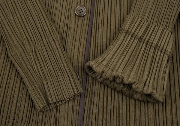 イッセイミヤケ ホワイトレーベルISSEY MIYAKE WHITE LABEL パイピングプリーツノーカラージャケット カーキ2 K-88545_008