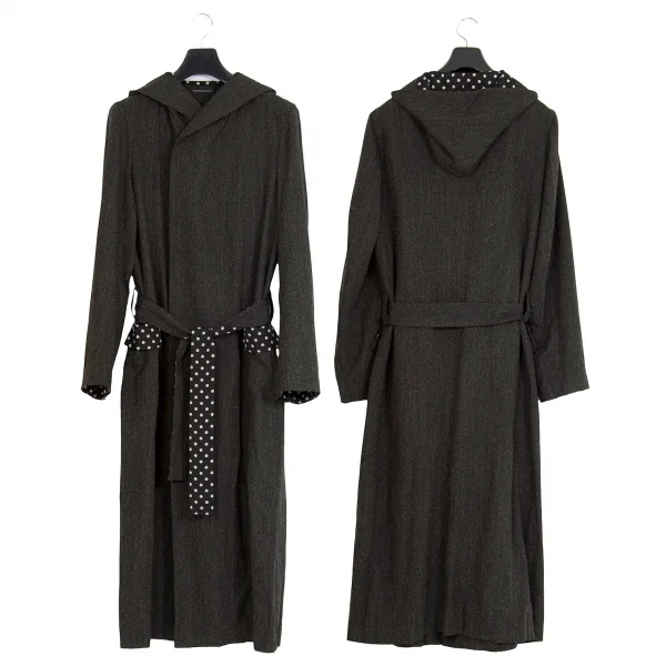 ヨウジヤマモト プールオムYohji Yamamoto POUR HOMME ドット切替デザインストライプフードロングコート 黒4 K-88740_001