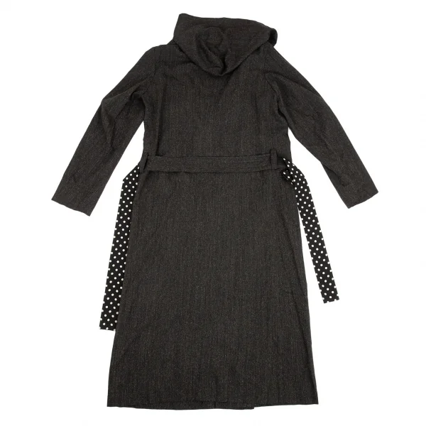 ヨウジヤマモト プールオムYohji Yamamoto POUR HOMME ドット切替デザインストライプフードロングコート 黒4 K-88740_014
