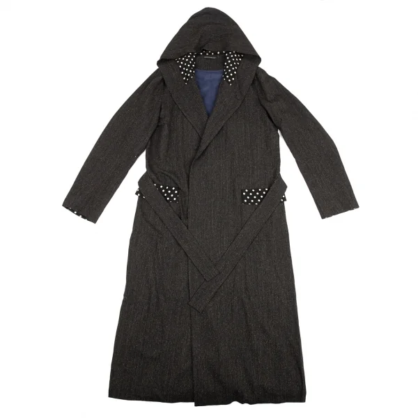 ヨウジヤマモト プールオムYohji Yamamoto POUR HOMME ドット切替デザインストライプフードロングコート 黒4 K-88740_002