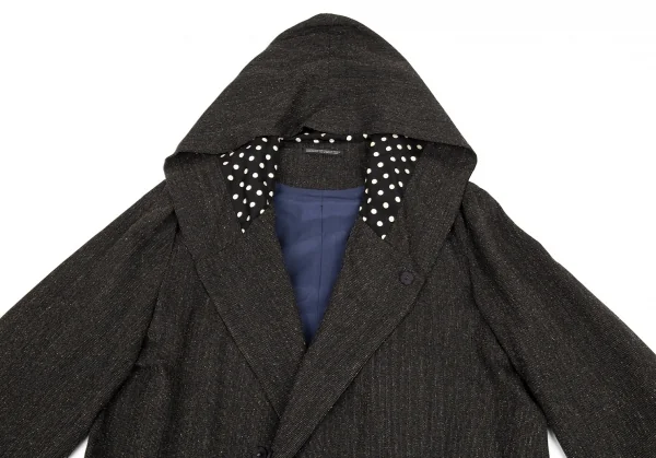 ヨウジヤマモト プールオムYohji Yamamoto POUR HOMME ドット切替デザインストライプフードロングコート 黒4 K-88740_003