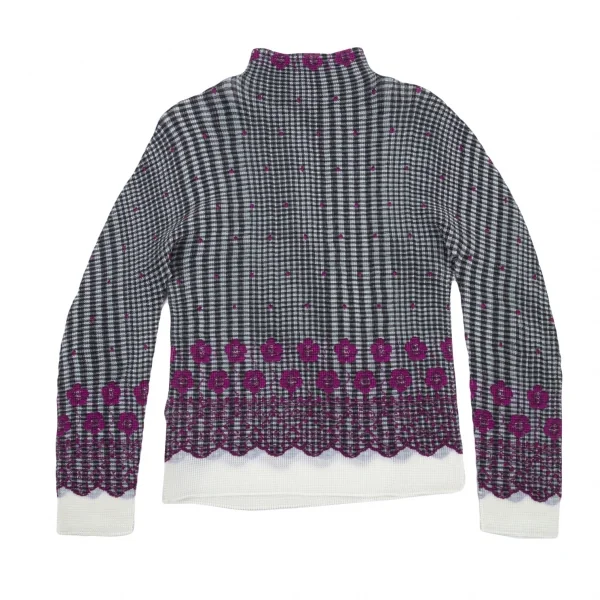 イッセイミヤケ ミーISSEY MIYAKE me チェックフラワープリントボックスプリーツハイネックカットソー グレー他M位 K-89093_011