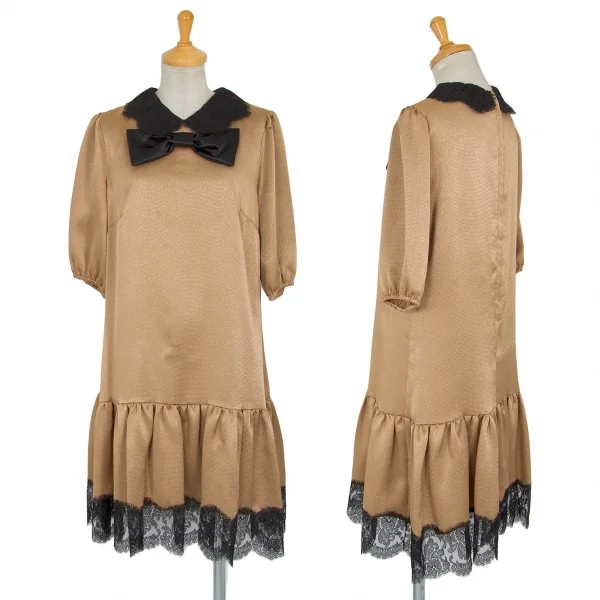 ドルチェ&ガッバーナDOLCE&GABBANA クレープレース切替デザインラウンドカラーワンピース モカゴールド42 K-89127_001