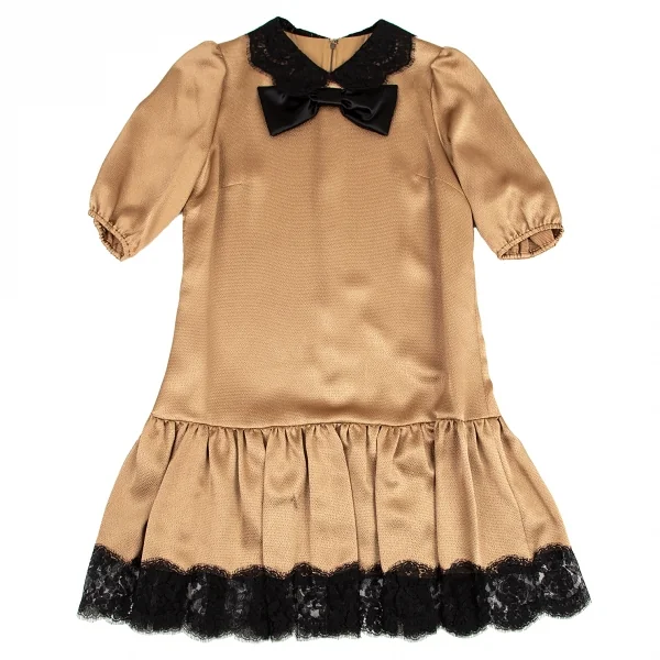 ドルチェ&ガッバーナDOLCE&GABBANA クレープレース切替デザインラウンドカラーワンピース モカゴールド42 K-89127_002