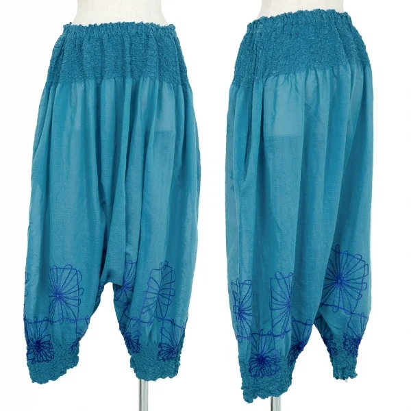 イッセイミヤケ ミーISSEY MIYAKE me フラワー刺繍カリフラワー切替ペンギンサルエルパンツ ターコイズM位 K-89460_001