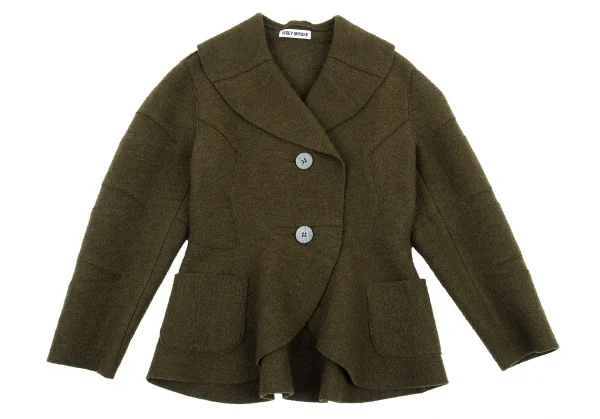 イッセイミヤケISSEY MIYAKEループツイード切替デザインショールカラージャケット カーキM K-89703_002
