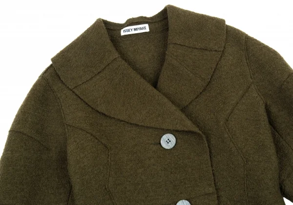 イッセイミヤケISSEY MIYAKEループツイード切替デザインショールカラージャケット カーキM K-89703_003