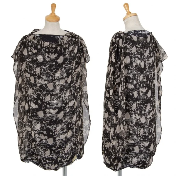 イッセイミヤケISSEY MIYAKE スプラッシュプリントバルーンレイヤードチュニック 黒オフ2 K-89707_001