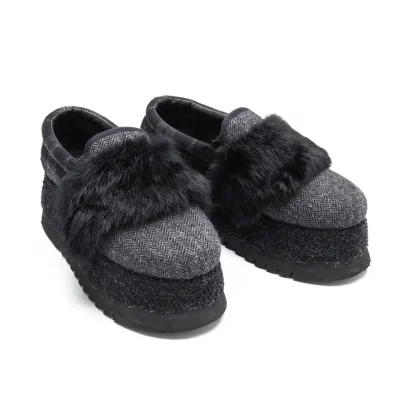 ゴムgomme プラットフォームシャークソールファー装飾ツィードスリッポン