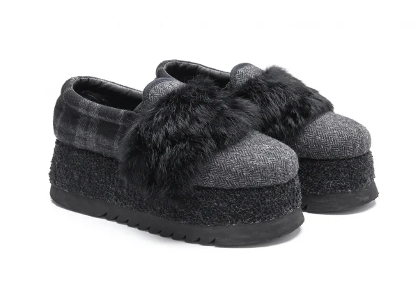 ゴムgomme プラットフォームシャークソールファー装飾ツィードスリッポン 黒24位 K-89729_003