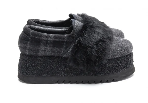 ゴムgomme プラットフォームシャークソールファー装飾ツィードスリッポン 黒24位 K-89729_006