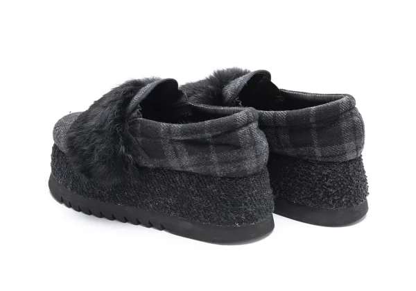 ゴムgomme プラットフォームシャークソールファー装飾ツィードスリッポン 黒24位 K-89729_008