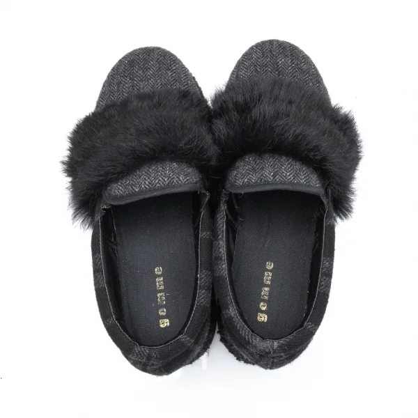 ゴムgomme プラットフォームシャークソールファー装飾ツィードスリッポン 黒24位 K-89729_009