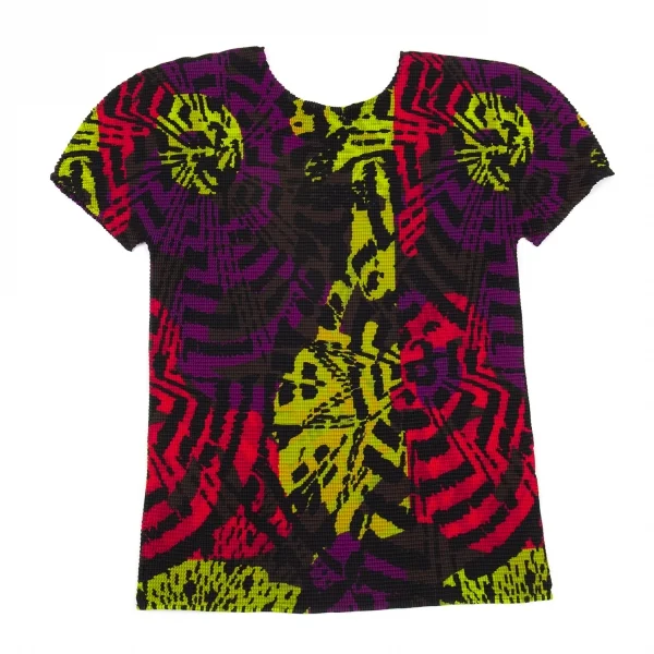 イッセイミヤケ ミーISSEY MIYAKE me マルチプリントボックスプリーツTシャツ 黒マルチM位 K-89802_002