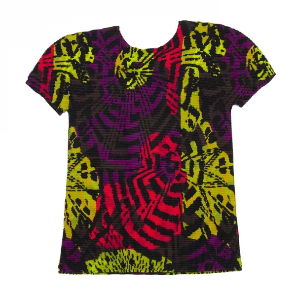 イッセイミヤケ ミーISSEY MIYAKE me マルチプリントボックスプリーツTシャツ 黒マルチM位 K-89802_007