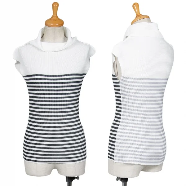 イッセイミヤケ ミーISSEY MIYAKE me フロントボーダーメッシュプリーツハイネックノースリーブ 白深緑M位 K-90084_001