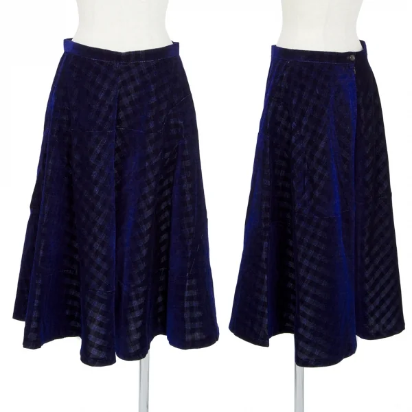 トリコ コムデギャルソンtricot COMME des GARCONSチェック透かし切替ベロアスカート 青M K-90117_001