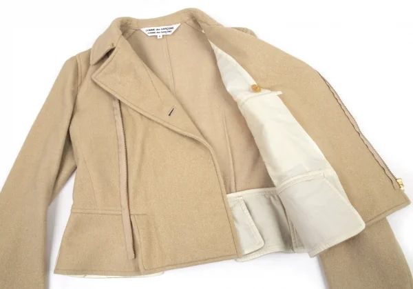 コムコム コムデギャルソンCOMME des GARCONS ラメプリントフリルウールライダースジャケット ゴールドベージュS K-90123_010