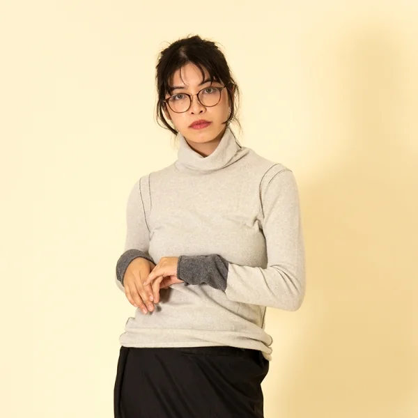 ワイズY's ウールアームホールリブ切替ハイネックニット ライトグレー2 K-90691_013