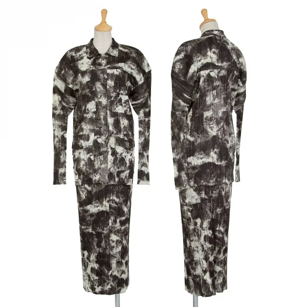 PLEATS PLEASE Marble Printed Jacket & Skirt Black,Brown 4/2 K-90801_001