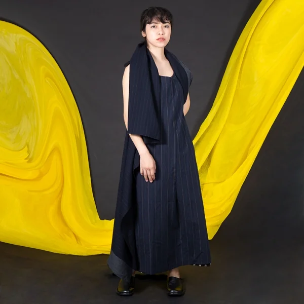 コムデギャルソンCOMME des GARCONS ウールストライプ裁ち切りロングジャケット 紺グレーM位 K-90803_015
