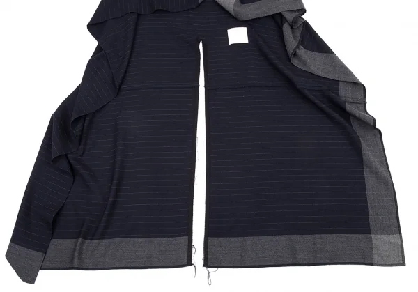 コムデギャルソンCOMME des GARCONS ウールストライプ裁ち切りロングジャケット 紺グレーM位 K-90803_007