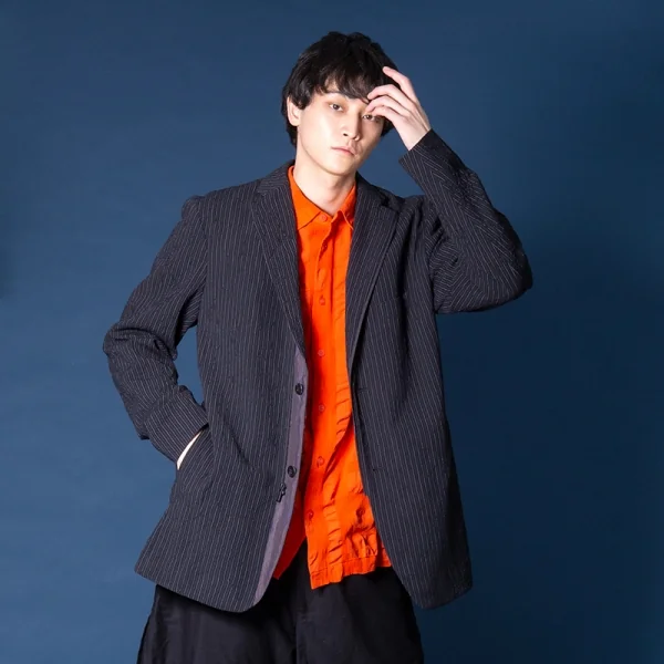 イッセイミヤケ メンISSEY MIYAKE MEN ウールポリストライプシワ加工ジャケット 黒4 K-90884_017