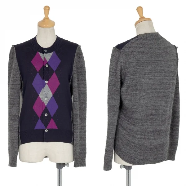 ジュンヤワタナベ コムデギャルソンJUNYA WATANABE COMME des GARCONS アーガイル切替ニットカーディガン 紺グレーS K-90931_001