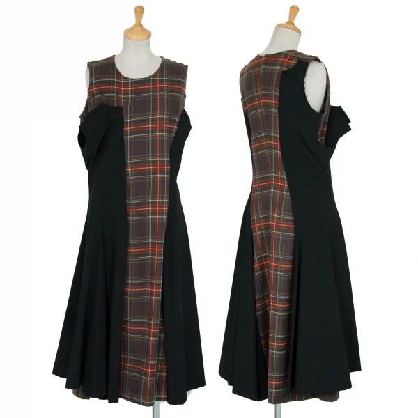 コムデギャルソンCOMME des GARCONS タータンチェックアシンメトリー切替ノーカラーワンピース グレー他黒S位 K-91048_001