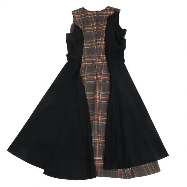 コムデギャルソンCOMME des GARCONS タータンチェックアシンメトリー切替ノーカラーワンピース グレー他黒S位 K-91048_012