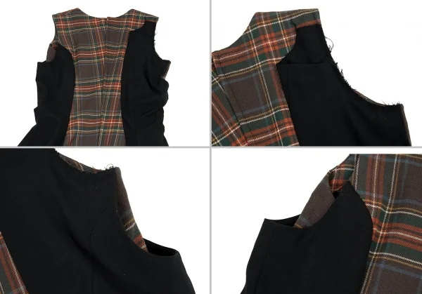 コムデギャルソンCOMME des GARCONS タータンチェックアシンメトリー切替ノーカラーワンピース グレー他黒S位 K-91048_013