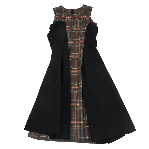 コムデギャルソンCOMME des GARCONS タータンチェックアシンメトリー切替ノーカラーワンピース グレー他黒S位 K-91048_002