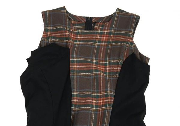 コムデギャルソンCOMME des GARCONS タータンチェックアシンメトリー切替ノーカラーワンピース グレー他黒S位 K-91048_003