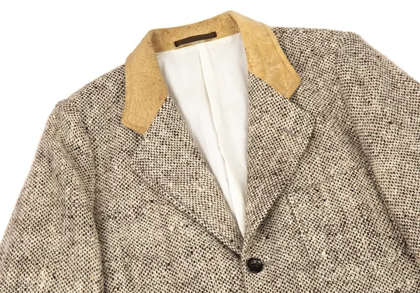 コムデギャルソン オムCOMME des GARCONS HOMME 襟レザー切替ツイードパッチポケットジャケット モカ黒S K-91189_002