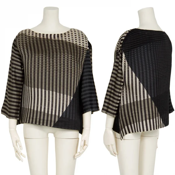 イッセイミヤケISSEY MIYAKE プリントワイドトップス ベージュ黒M位 K-91415_001