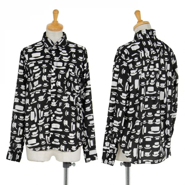 ブラックコムデギャルソンBLACK COMME des GARCONS ハット総柄プリントパッカリングシャツ 黒白XS位 K-91438_001
