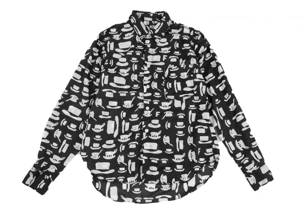 ブラックコムデギャルソンBLACK COMME des GARCONS ハット総柄プリントパッカリングシャツ 黒白XS位 K-91438_002
