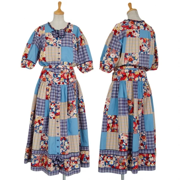 PINK HOUSE Plaid Patch Floral Dress Sky blue,Multi-Color S-M K-91449_001