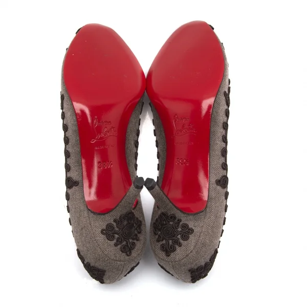 クリスチャンルブタンChristian Louboutin オープントゥ刺繍デザインパンプス グレー38 1/2(24.5) K-91565_012