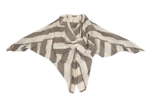 イッセイミヤケISSEY MIYAKE コットンリネンボーダー変形カーディガン ベージュ茶9 K-91569_012
