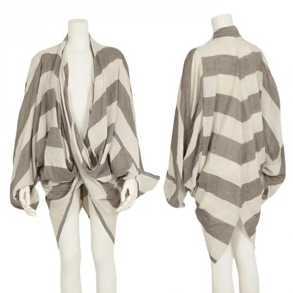 イッセイミヤケISSEY MIYAKE コットンリネンボーダー変形カーディガン ベージュ茶9 K-91569_002