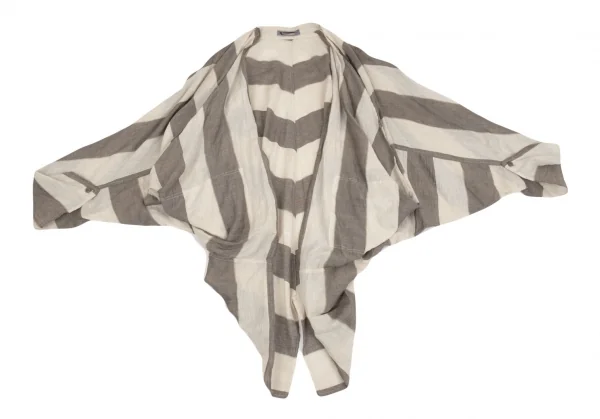 イッセイミヤケISSEY MIYAKE コットンリネンボーダー変形カーディガン ベージュ茶9 K-91569_003