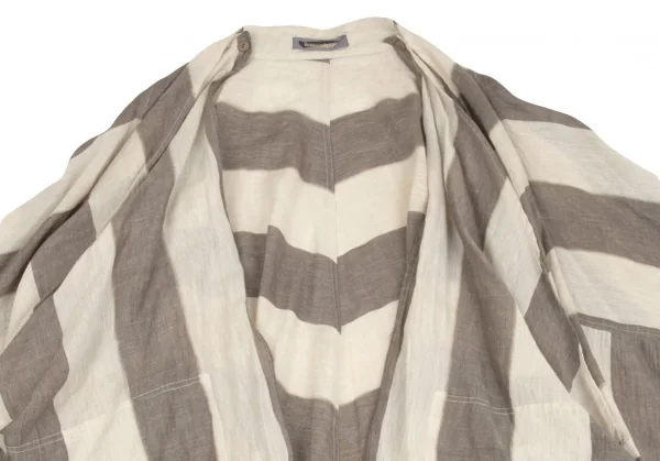 イッセイミヤケISSEY MIYAKE コットンリネンボーダー変形カーディガン ベージュ茶9 K-91569_004