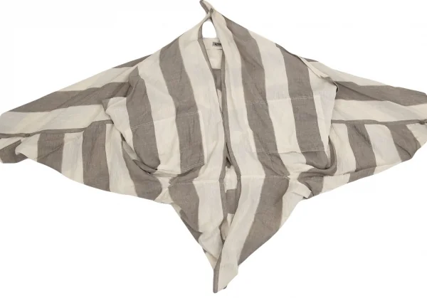 イッセイミヤケISSEY MIYAKE コットンリネンボーダー変形カーディガン ベージュ茶9 K-91569_009