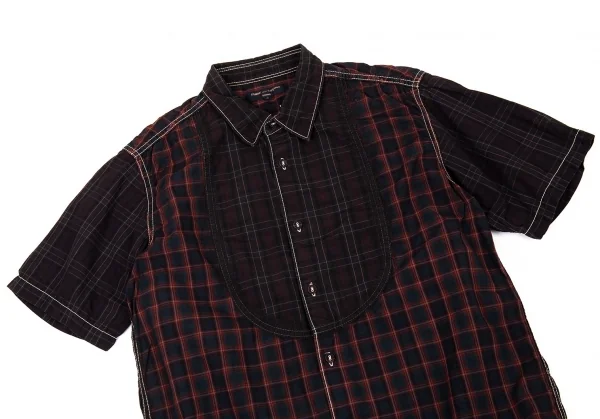 コムデギャルソン オムCOMME des GARCONS HOMME チェックパッカリング切替半袖シャツ 茶系S K-92073_002